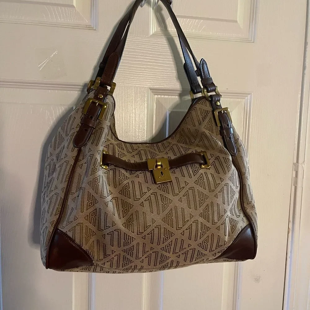 Ralph Lauren Logo Canvas khaki & brown Leather trims Hobo Bag brass hardwares.